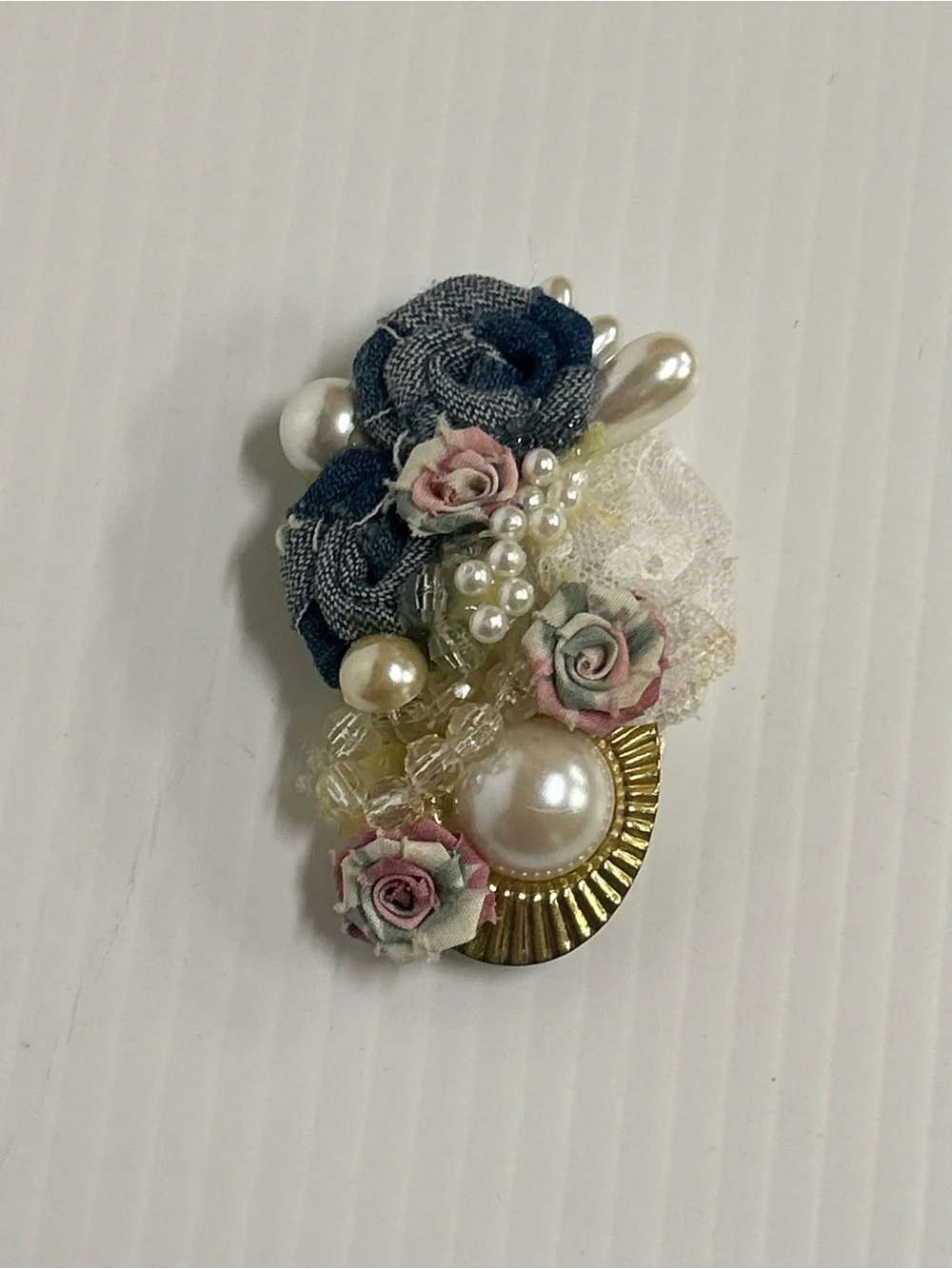 Vintage Handmade Fabric Denim Flower Pearl Brooch Pin 80s 90s